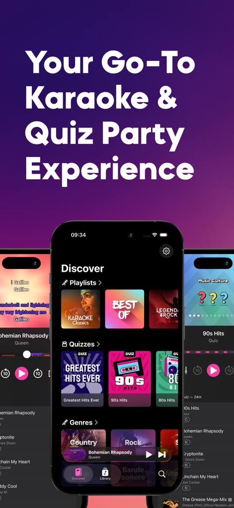 KaraFun – Karaoke & Music Quiz - KaraFun app interface displaying karaoke playlists and music quizzes on the Discover screen.