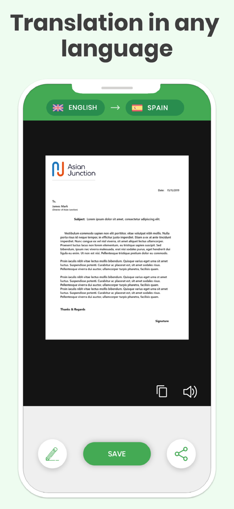 Photo Translator app interface scanning and translating a business letter