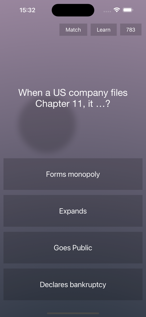 Endless Quiz - Endless Quiz app interface displaying a multiple choice general knowledge question about US business law