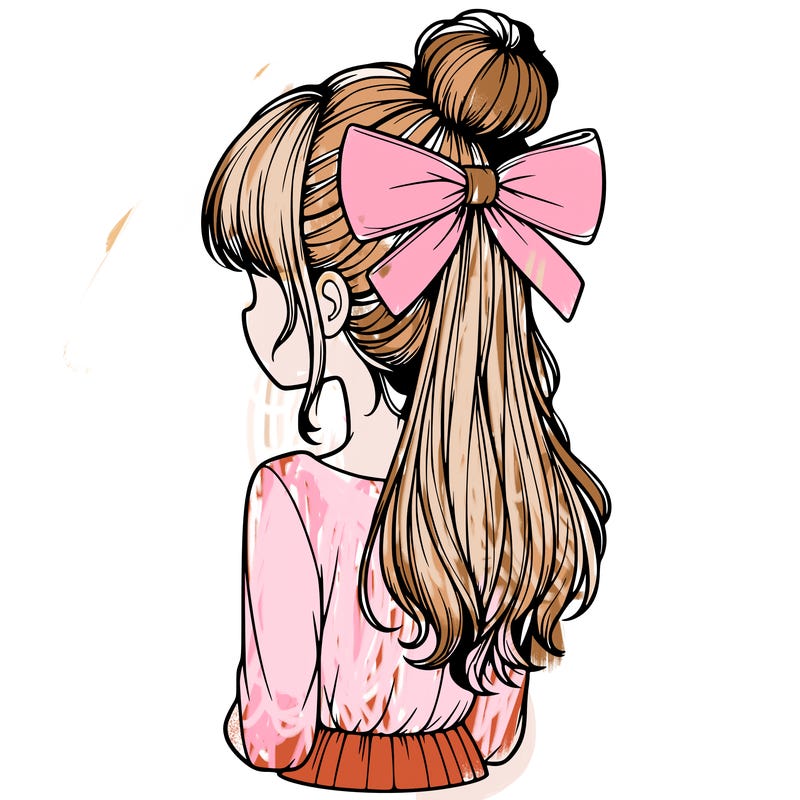 realistic girl  with hip length hair a bun and a big bow on the back of head