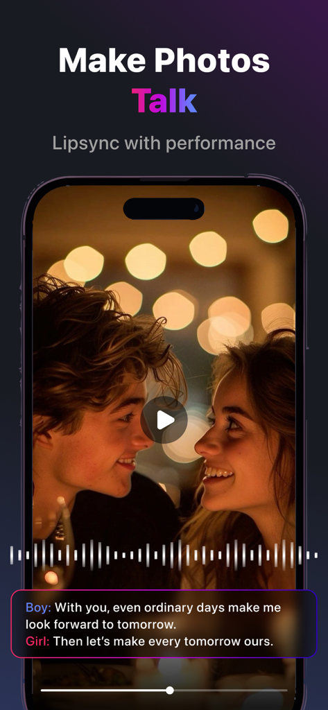 Filmit AI: AI Video Generator - A screenshot of the Filmit AI app interface highlighting the lipsync feature where a cinematic photo of a couple is animated with talking dialogue.