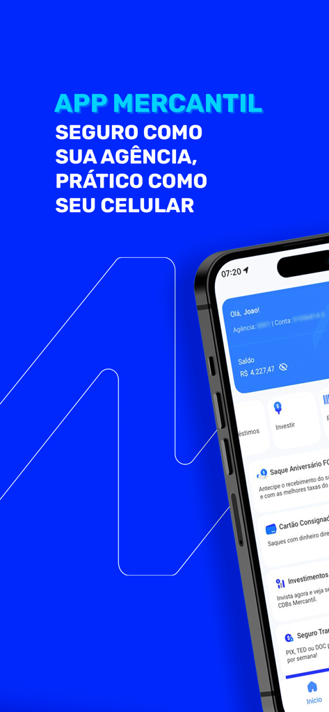 Tela inicial do aplicativo móvel do Banco Mercantil em um iPhone mostrando saldo da conta e opções de serviços financeiros