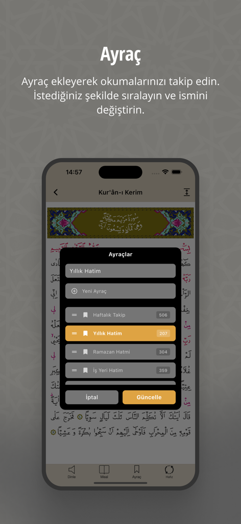 Kur'an - Pantalla de gestión de marcadores en la aplicación del Corán para seguir el progreso de la lectura.
