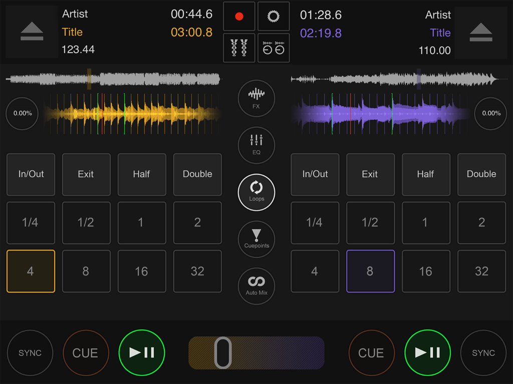 Professional DJ mixing interface with dual decks and loop controls in the DJ DEX app.