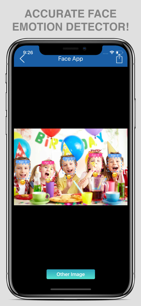 Pro Face Age Calculator app interface showing age and emotion detection with emojis for a group of children at a birthday party