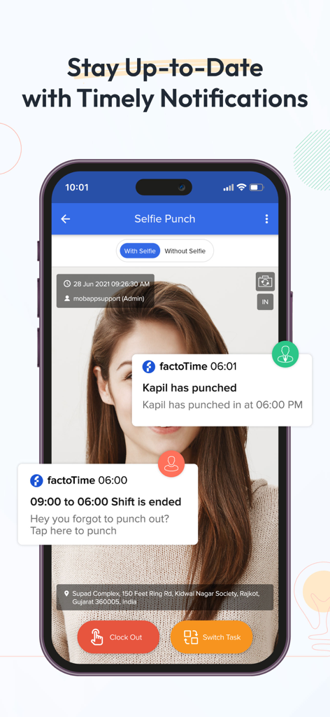 factoTime - Attendance App - Smartphone display showing factoTime app notifications for employee punch-ins and shift reminders over a selfie-based clock-in screen.