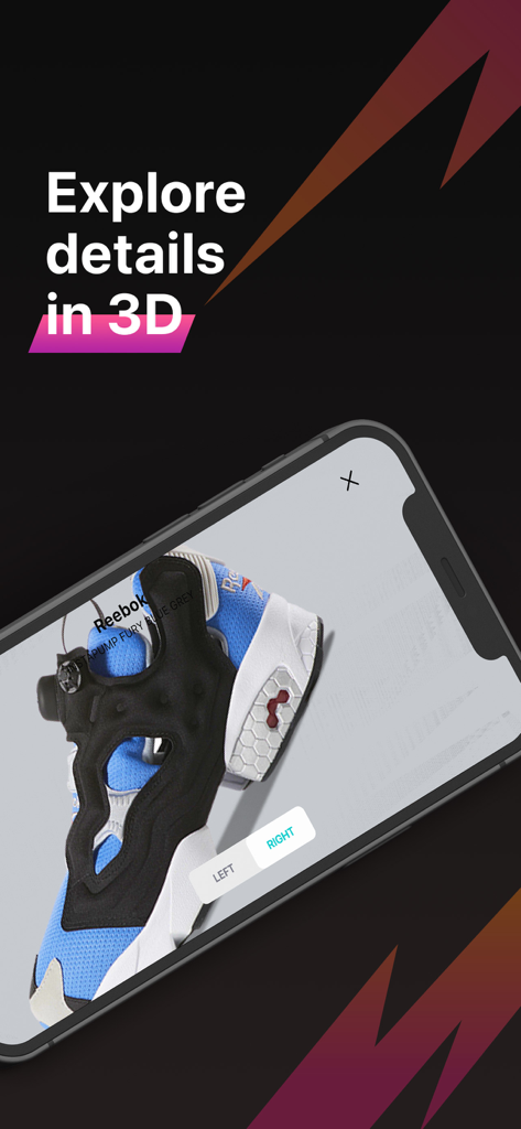 A detailed 3D sneaker model being viewed in the Wanna Kicks mobile app