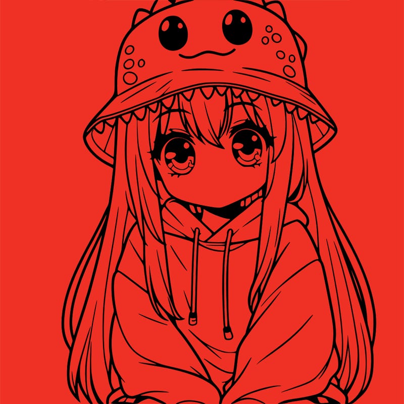 girl with anime shaped eyes with a dinosaur bucket hat oversized sweatshirt long straight hair