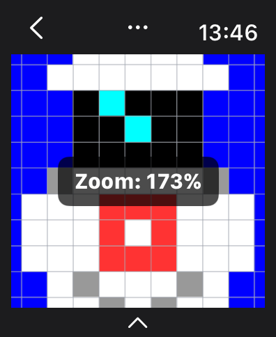 Pixel Art - Grid Doodle Mini - Oberfläche der Pixel Art App auf der Apple Watch, die einen pixeligen Charakter mit einem Zoomlevel von 173 Prozent zeigt.