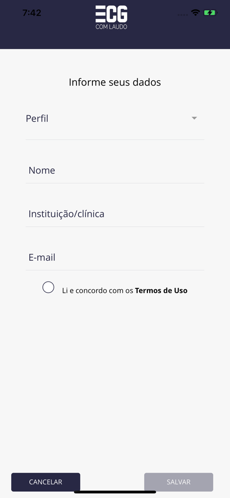 ECG com Laudo - Tela de registro do aplicativo ECG com Laudo com campos para nome do perfil do usuário, instituição e e-mail