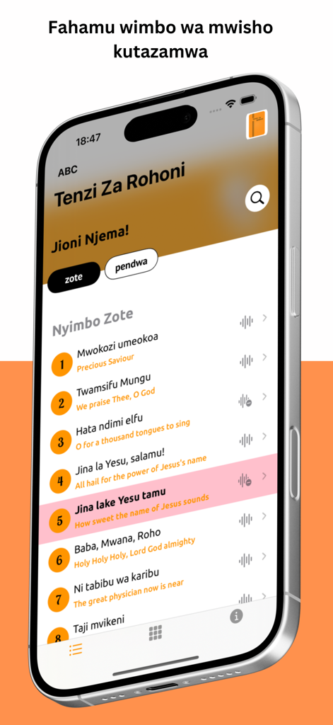 Tenzi Za Rohoni - iPhone screen showing a list of Swahili hymns with English titles in the Tenzi Za Rohoni app