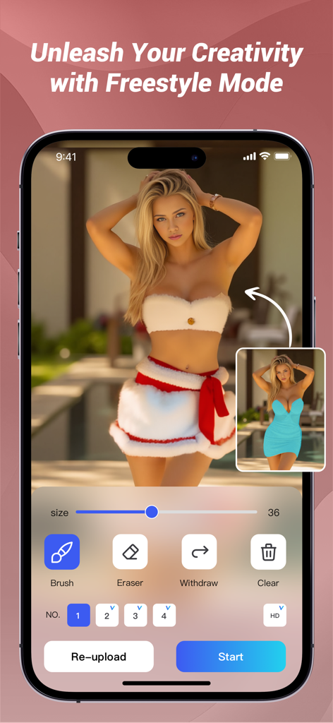 PhotoLeaper:AI Dress up,Video - Interface of the PhotoLeaper app showing a woman using AI to change her dress to a festive outfit