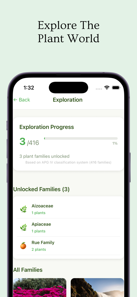 Plant Friend - Pantalla de exploración en la aplicación Plant Friend que muestra el progreso del descubrimiento de la familia de plantas y la lista de especies desbloqueadas.