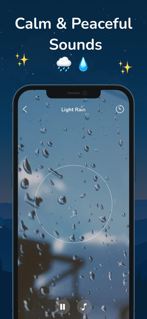 Interfaz de la aplicación Melodías Relajantes mostrando un sonido de lluvia ligera con un fondo de gotas de lluvia sobre cristal.