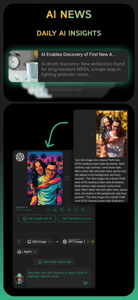 Clever AI Hub - Pro AI Agents - Clever AI Hub app screen showing AI news updates and an image transformation tool creating stylized digital art from a photo
