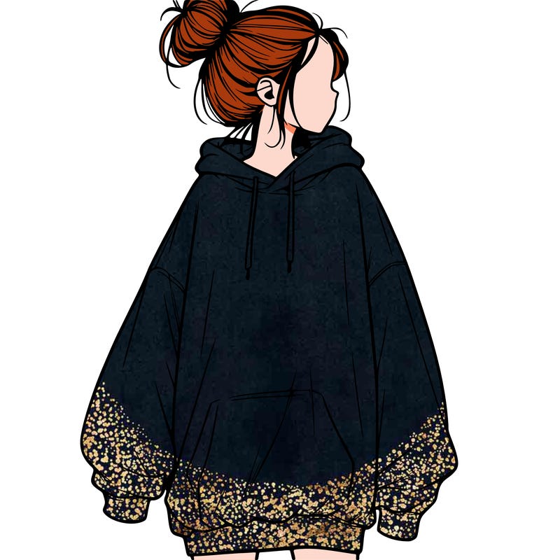 realistic girl with a oversized sweatshirt on and a bun