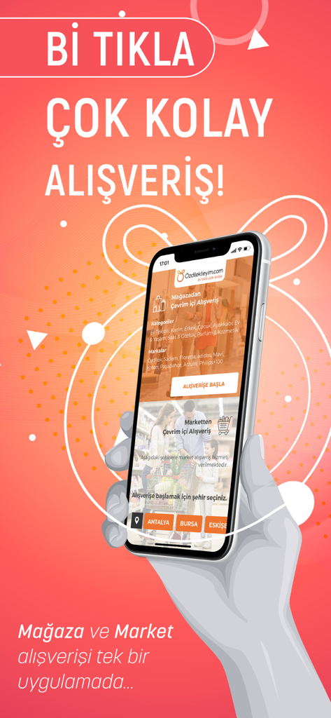 Mobile phone screen displaying the Ozdilekteyim app interface for online store and grocery shopping