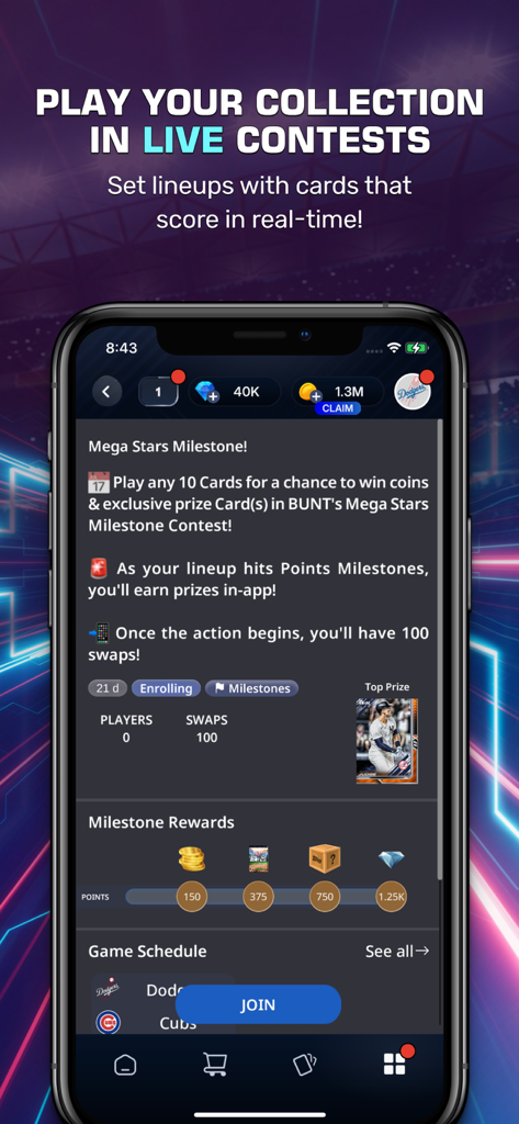 Topps® BUNT® MLB Card Trader - Topps BUNT MLB Card Trader app showing live baseball card contests and milestone rewards