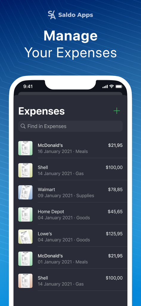 A mobile app screen displaying a list of tracked business expenses with merchant names and dollar amounts