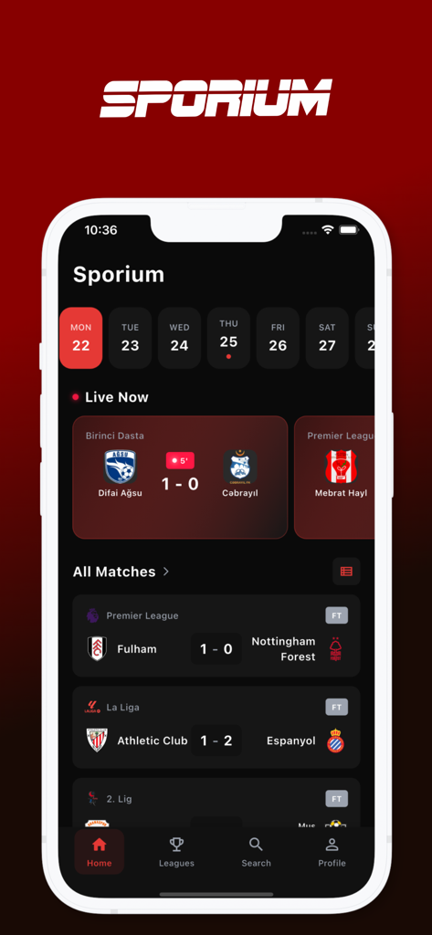 Sporium - Live Football Scores - Sporium app home screen showing live football match results and upcoming fixtures