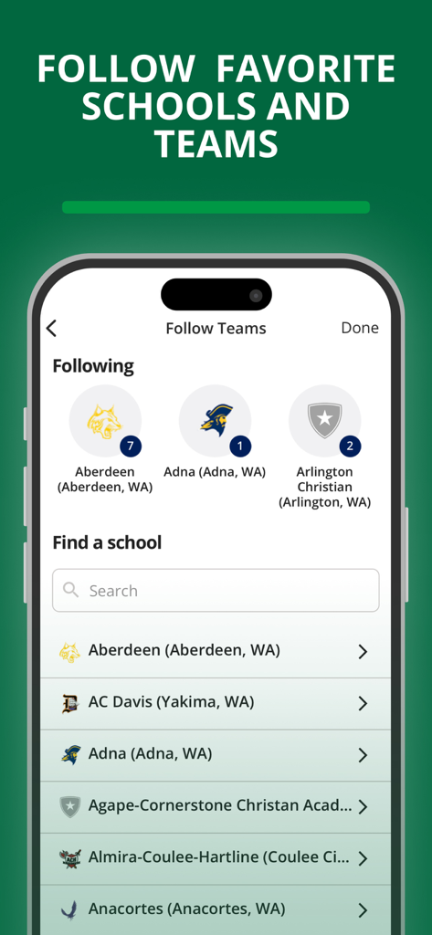 WIAA Live - WIAA Live 앱의 모바일 인터페이스는 팔로우할 워싱턴 고등학교 스포츠 팀 목록을 보여줍니다.