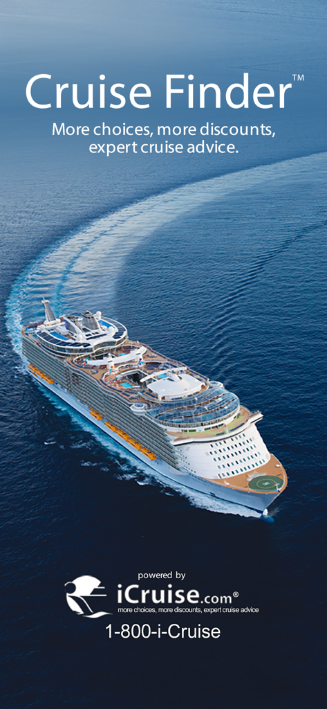 Cruise Finder by iCruise.com - Aerial view of a luxury cruise ship sailing on the ocean with the Cruise Finder app logo