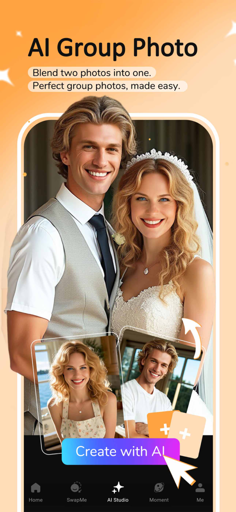FaceFun: AI Video Generator - FaceFun app interface demonstrating the AI group photo feature by blending two separate portraits into a wedding scene