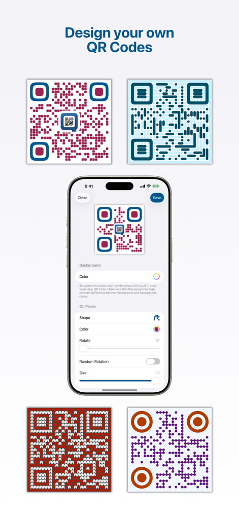 Qrafter: QR Code Reader - Qrafterアプリ。カスタムQRコードデザインツールと様式化されたバーコード例が表示されています。
