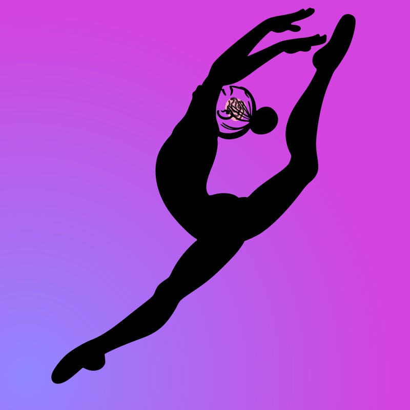 gymnast doing a leap in a leotard with a bent back leg