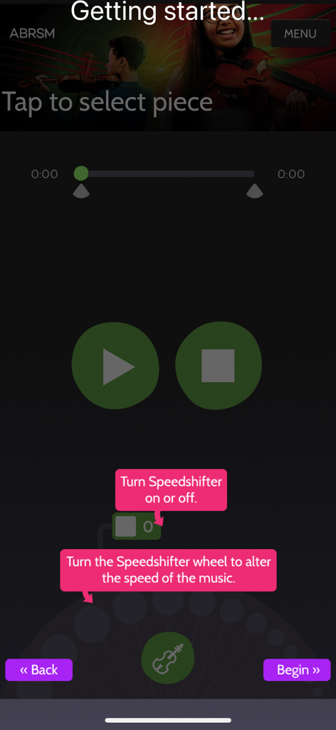 ABRSM Violin Practice Partner - ABRSM Violin Practice Partner app tutorial screen explaining the Speedshifter tempo adjustment feature.