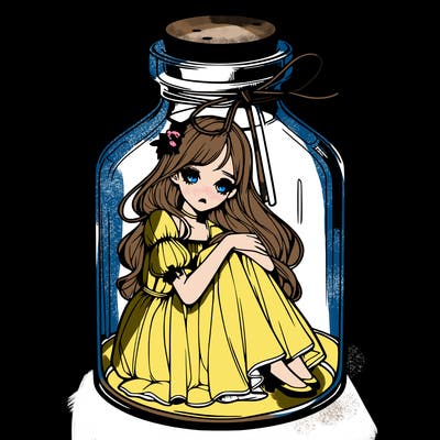 beautiful realistic girl trapped in bottle