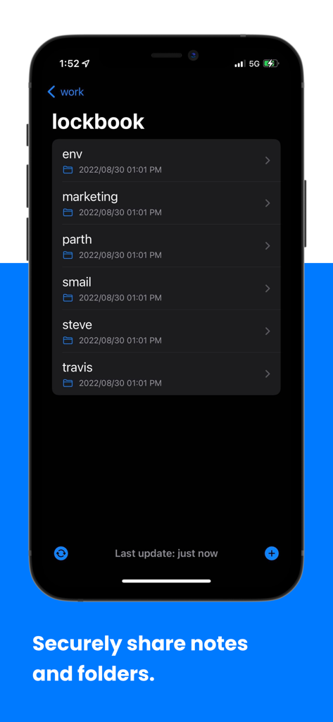Lockbook - Oberfläche der Lockbook-App, die eine Liste von sicheren Ordnern unter einem Arbeitsverzeichnis im dunklen Modus anzeigt