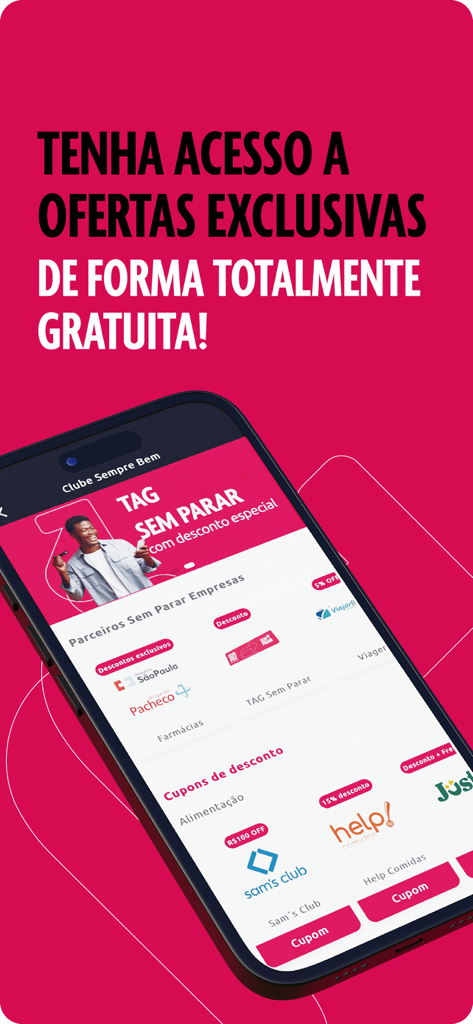 Beneficios app screen showing exclusive free discount coupons and partner deals