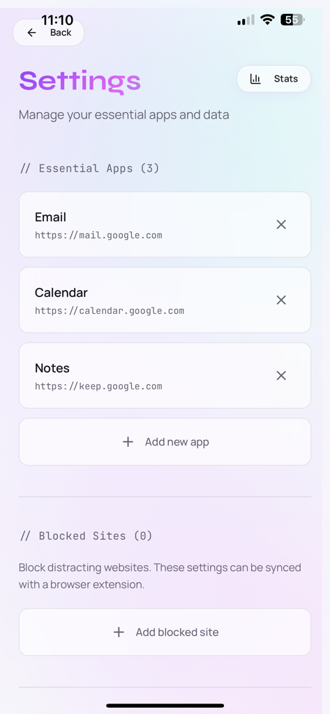 Dumbify app settings screen showing essential apps management and blocked sites configuration.