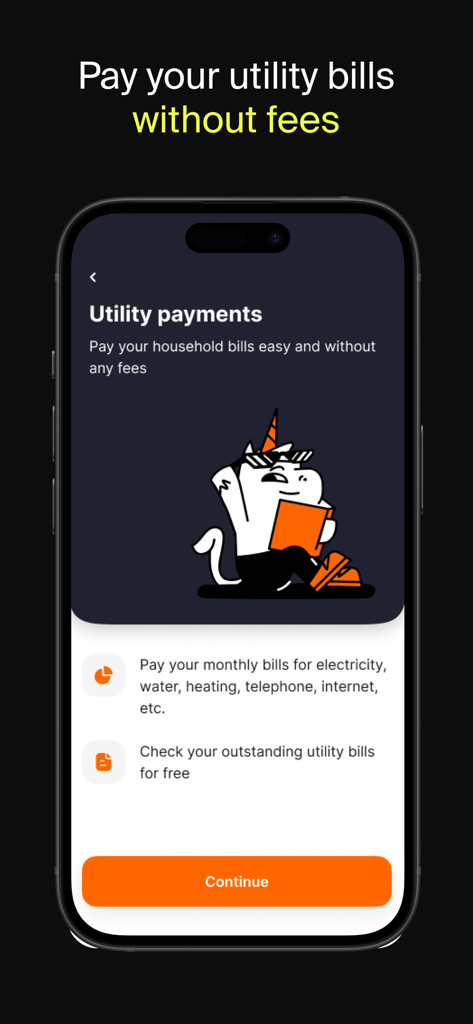 Écran de l'application tbi bank montrant les options de paiement de factures de services publics avec une licorne de dessin animé et un message sans frais
