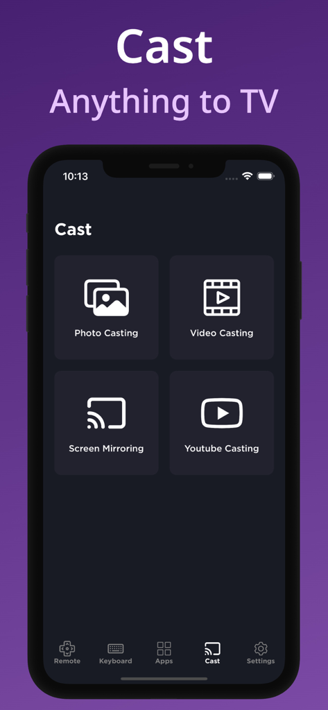 Oberfläche mit Casting-Optionen wie Bildschirmspiegelung und Foto-Casting für Roku TV