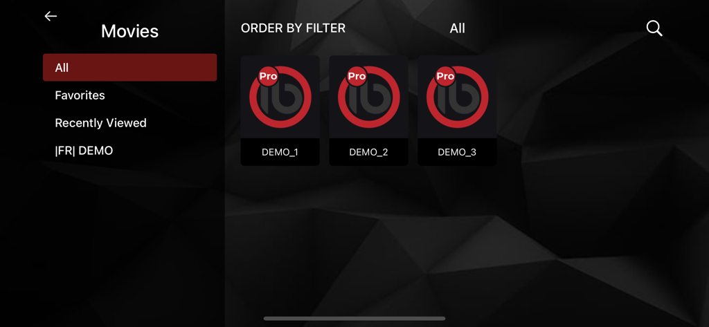The movie library screen of Ibo Player Pro showing content filters and demo videos.