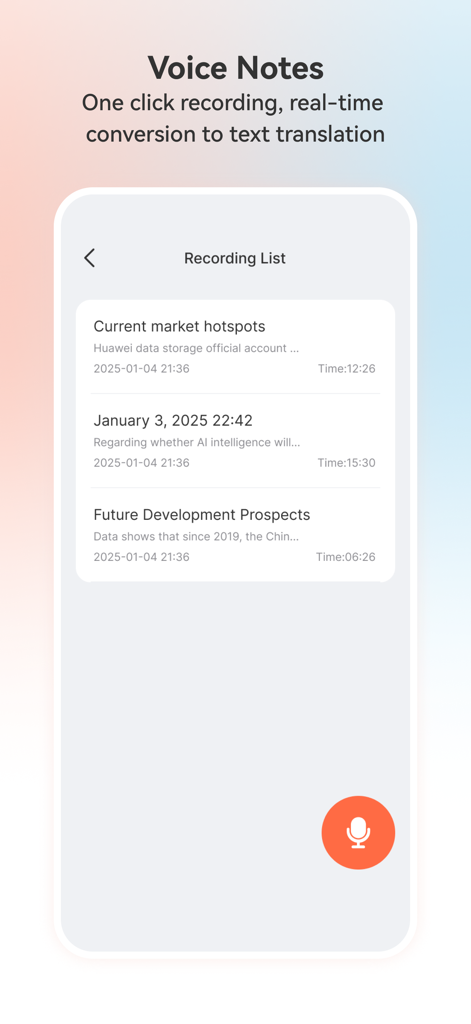 Recording list in TransKit app featuring voice notes with real-time text translation.