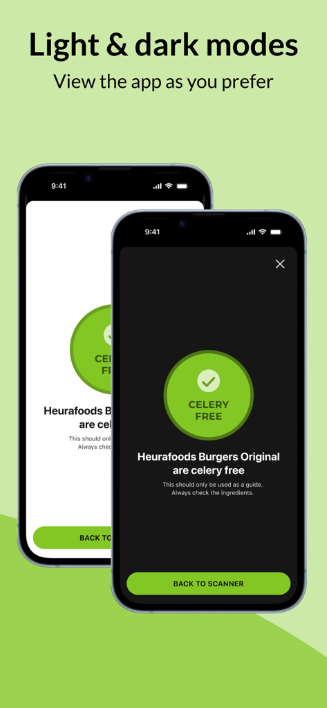 Celery Free Scanner app interface showing light and dark themes with celery-free scan results