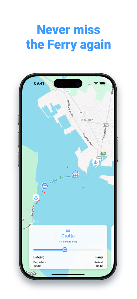 FerryLive: Fanø & Esbjerg - FerryLive-App-Screenshot, der eine Live-Karte der Fährabfahrten zwischen Esbjerg und Fano zeigt