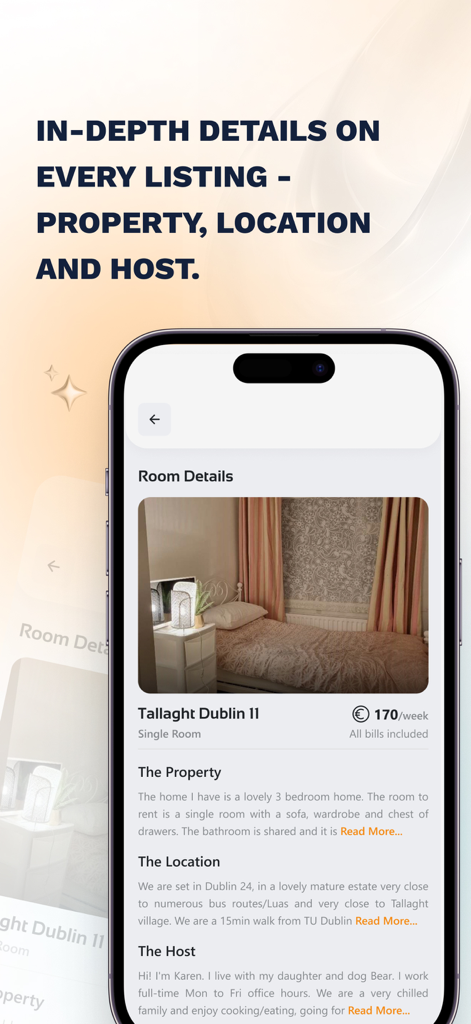 Hosting Power App-Oberfläche, die ein detailliertes Zimmerangebot für ein Einzelzimmer in Dublin anzeigt, einschließlich Standort und Gastgeberinformationen.