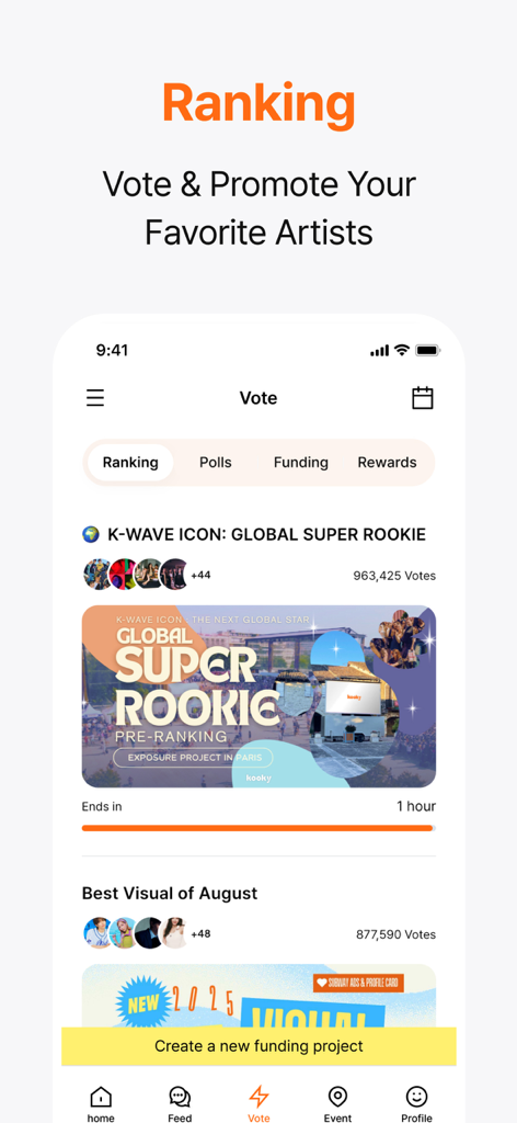 Kooky: For K-Pop Fans - Kooky app interface showing the ranking and voting screen to promote K-pop artists.