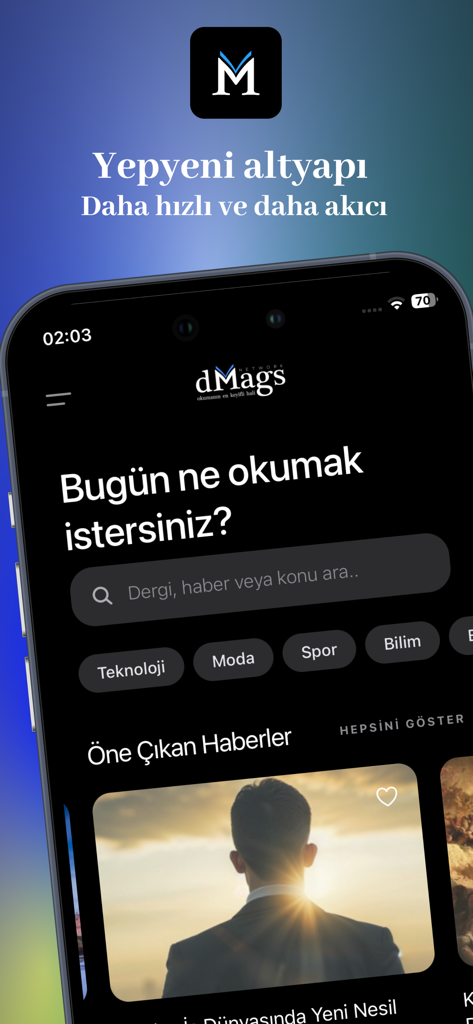 dMags Dijital Dergi Platformu - dMagsデジタル雑誌プラットフォームアプリのインターフェース。トルコ語の検索バーとカテゴリが表示されています。