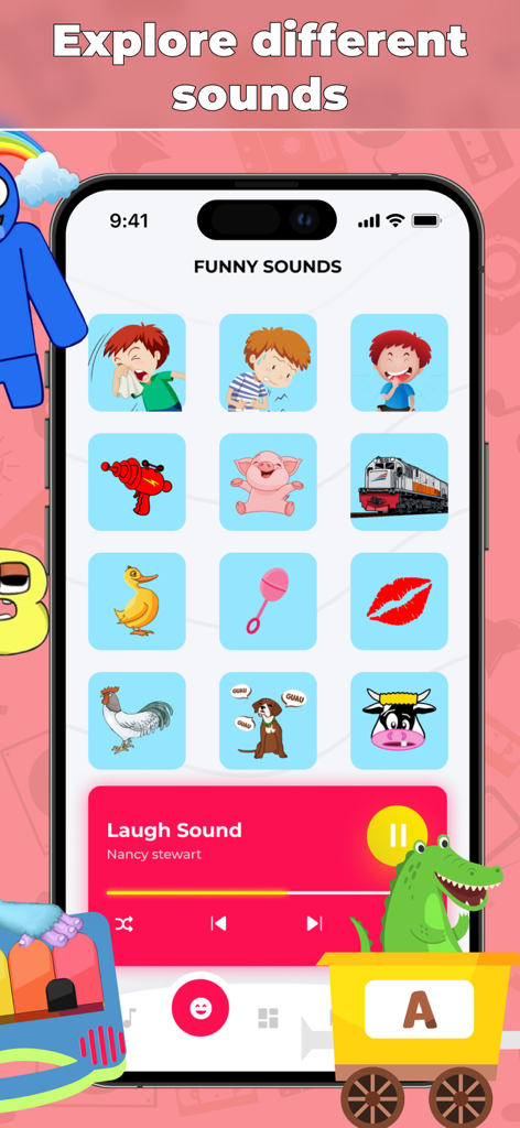Nursery Rhymes & Lullabies - Una pantalla de smartphone mostrando la sección de Sonidos Divertidos de la app Rimas y Canciones de Cuna con iconos interactivos para niños pequeños