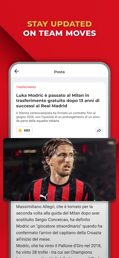 News article about a player transfer in the Rossoneri Live app