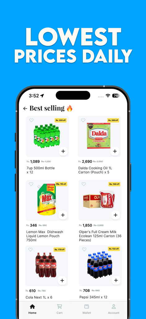 Bazaar grocery delivery app screen showing best selling products and daily low prices for household staples in Pakistan