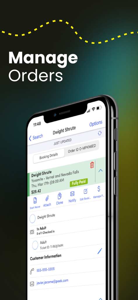 Peek Professional - Peek Professional mobile app interface displaying a tour booking with guest details and management options