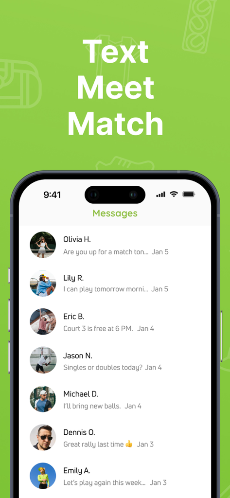 Messaging screen in the Kort app showing a list of chats with tennis partners for scheduling matches