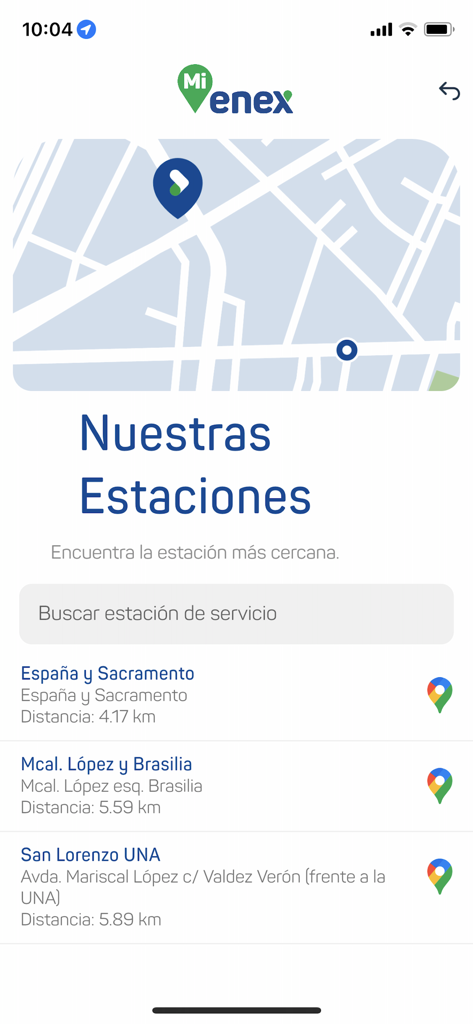 Mi Enex - Mi Enex app interface showing a map and list of nearby gas stations with distances
