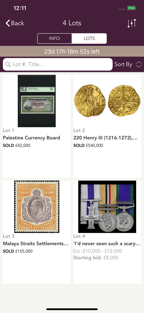 Spink Live - Spink Live app interface showing high value auction lots including rare coins and stamps